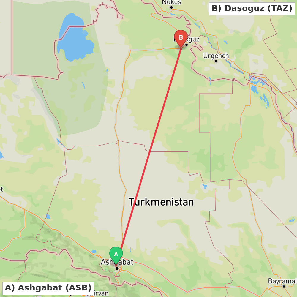 Flight route map from Ashgabat to Daşoguz