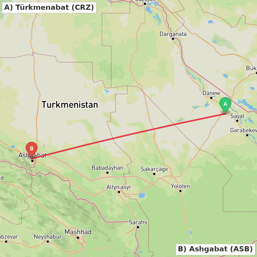 Flight route map from Türkmenabat to Ashgabat