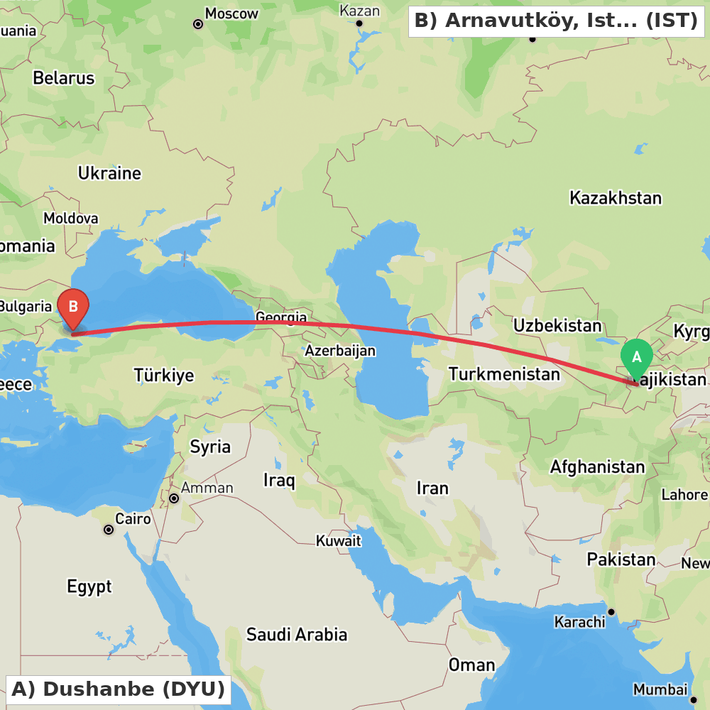 Flight route map from Dushanbe to Arnavutköy, Istanbul