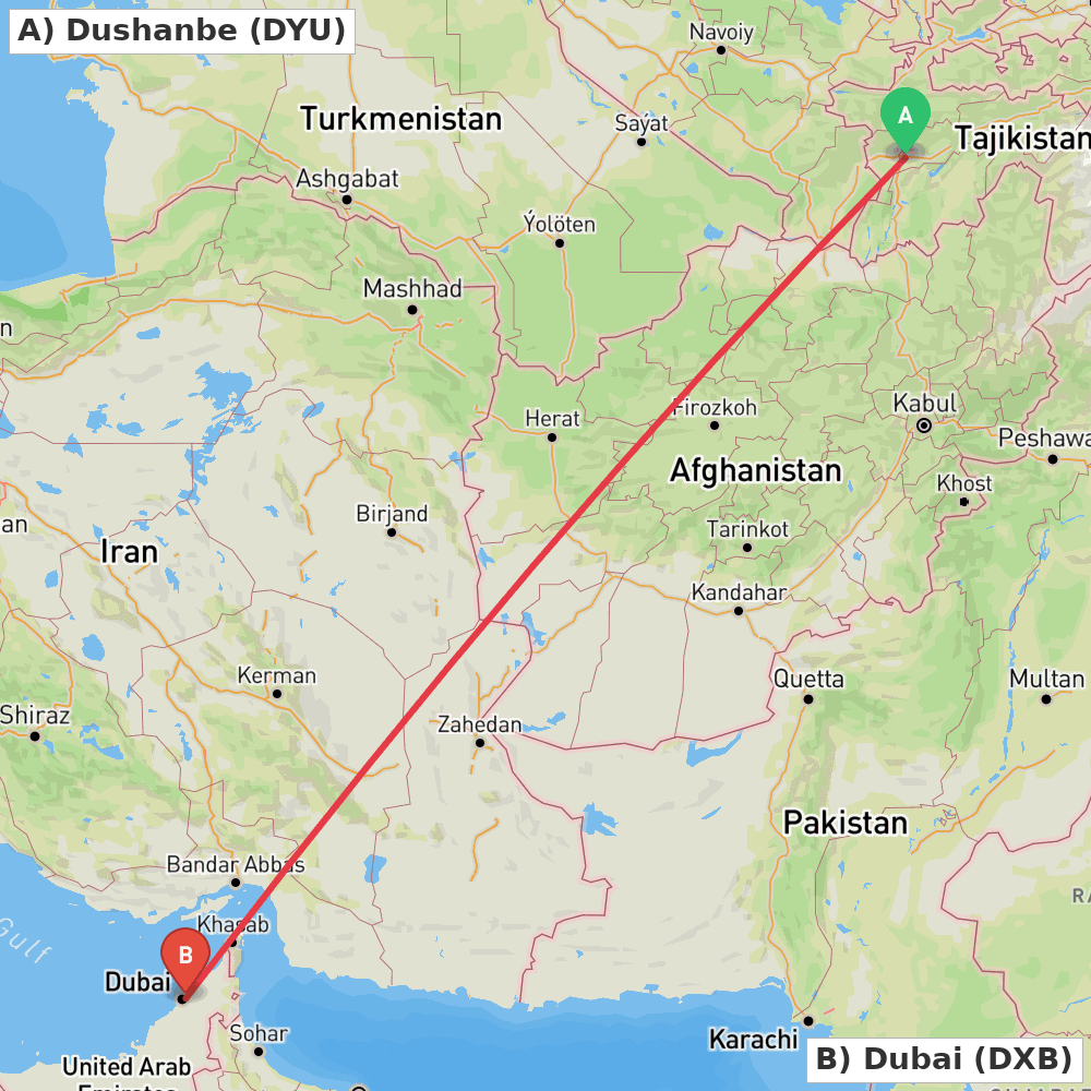 Flight route map from Dushanbe to Dubai