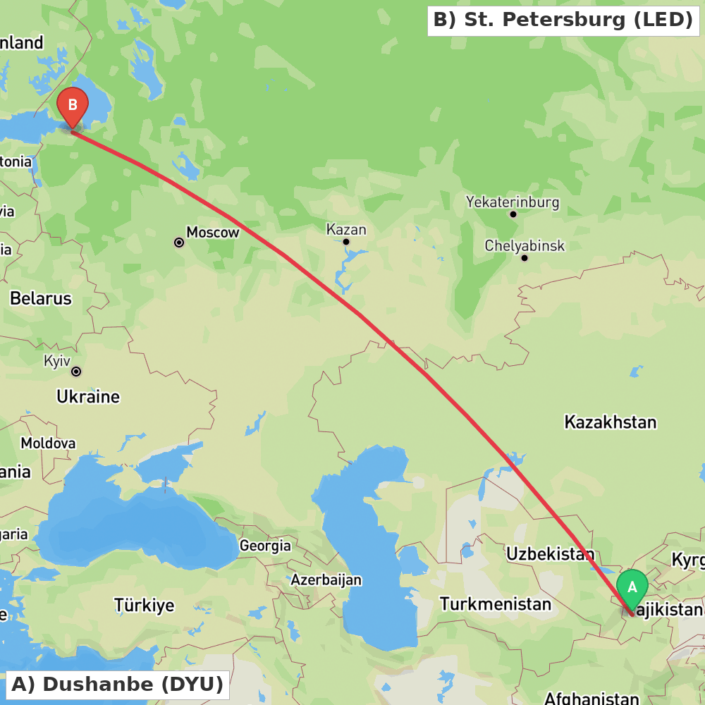 Flight route map from Dushanbe to St. Petersburg