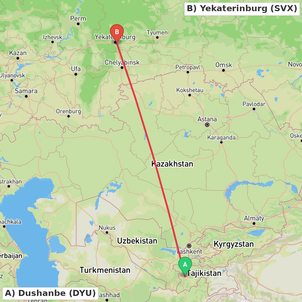 Flight route map from Dushanbe to Yekaterinburg