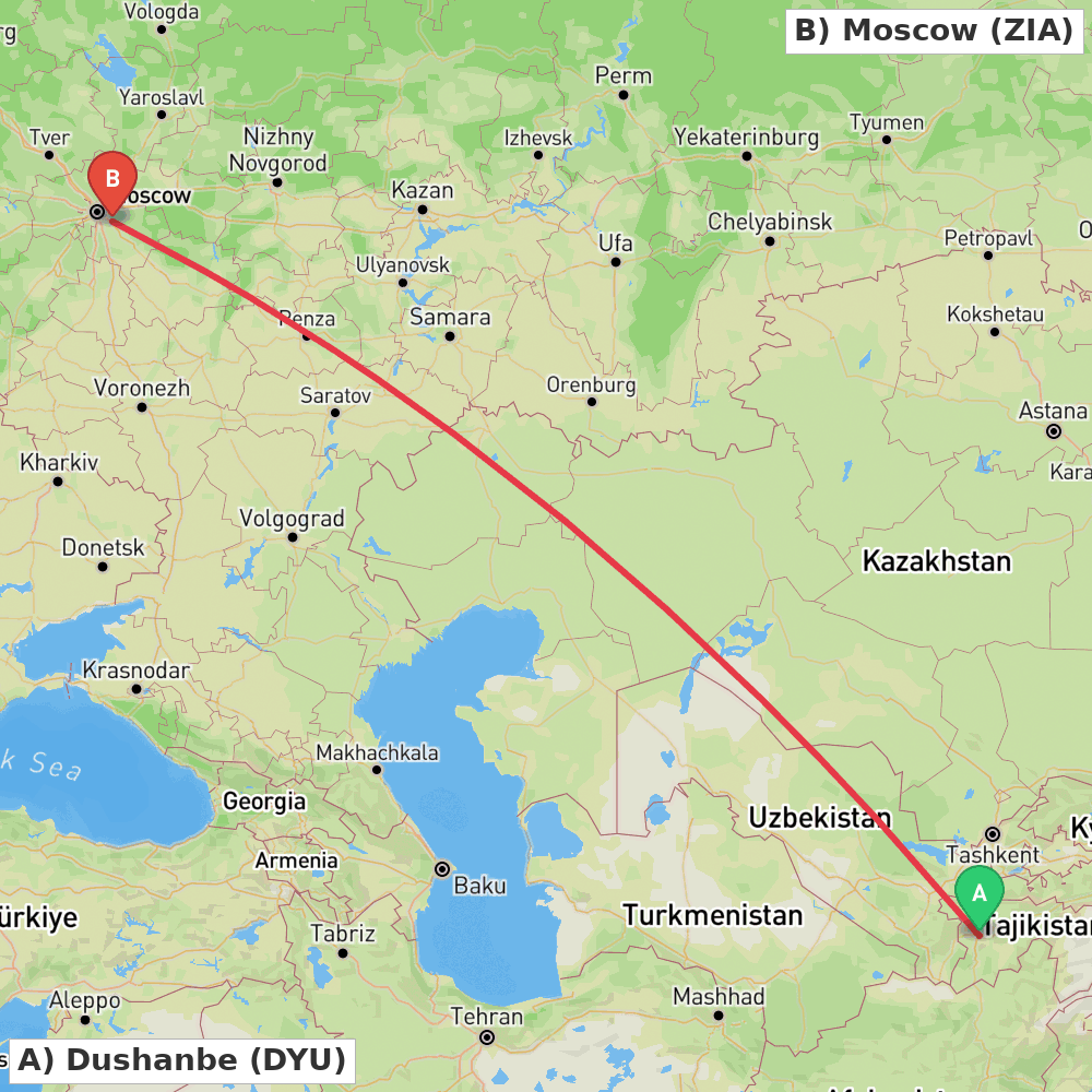 Flight route map from Dushanbe to Moscow