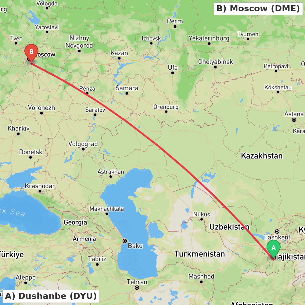 Flight route map from Dushanbe to Moscow