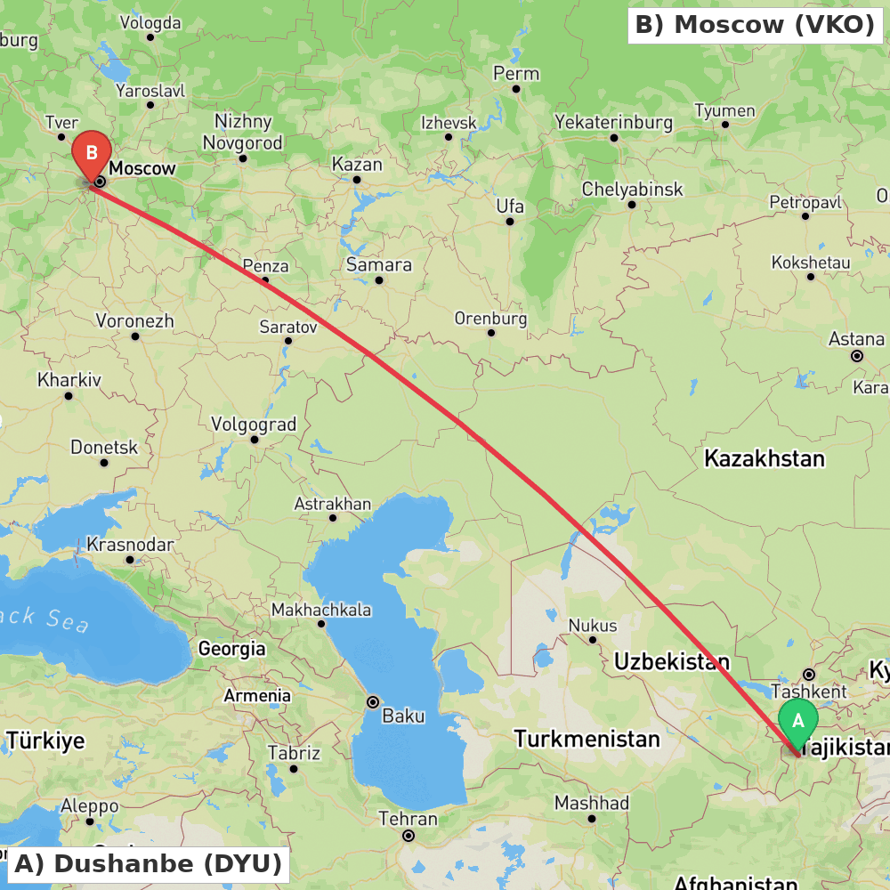 Flight route map from Dushanbe to Moscow