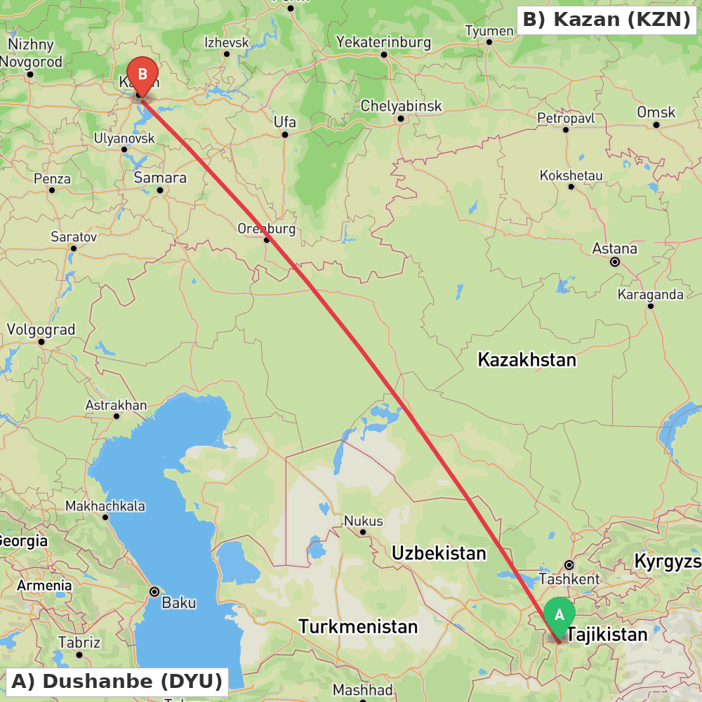 Flight route map from Dushanbe to Kazan