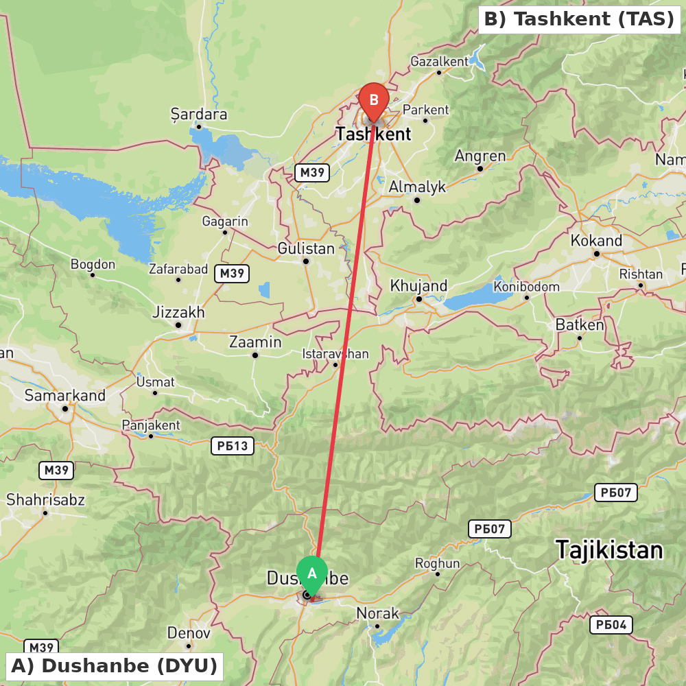 Flight route map from Dushanbe to Tashkent