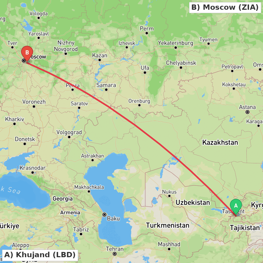 Flight route map from Khujand to Moscow