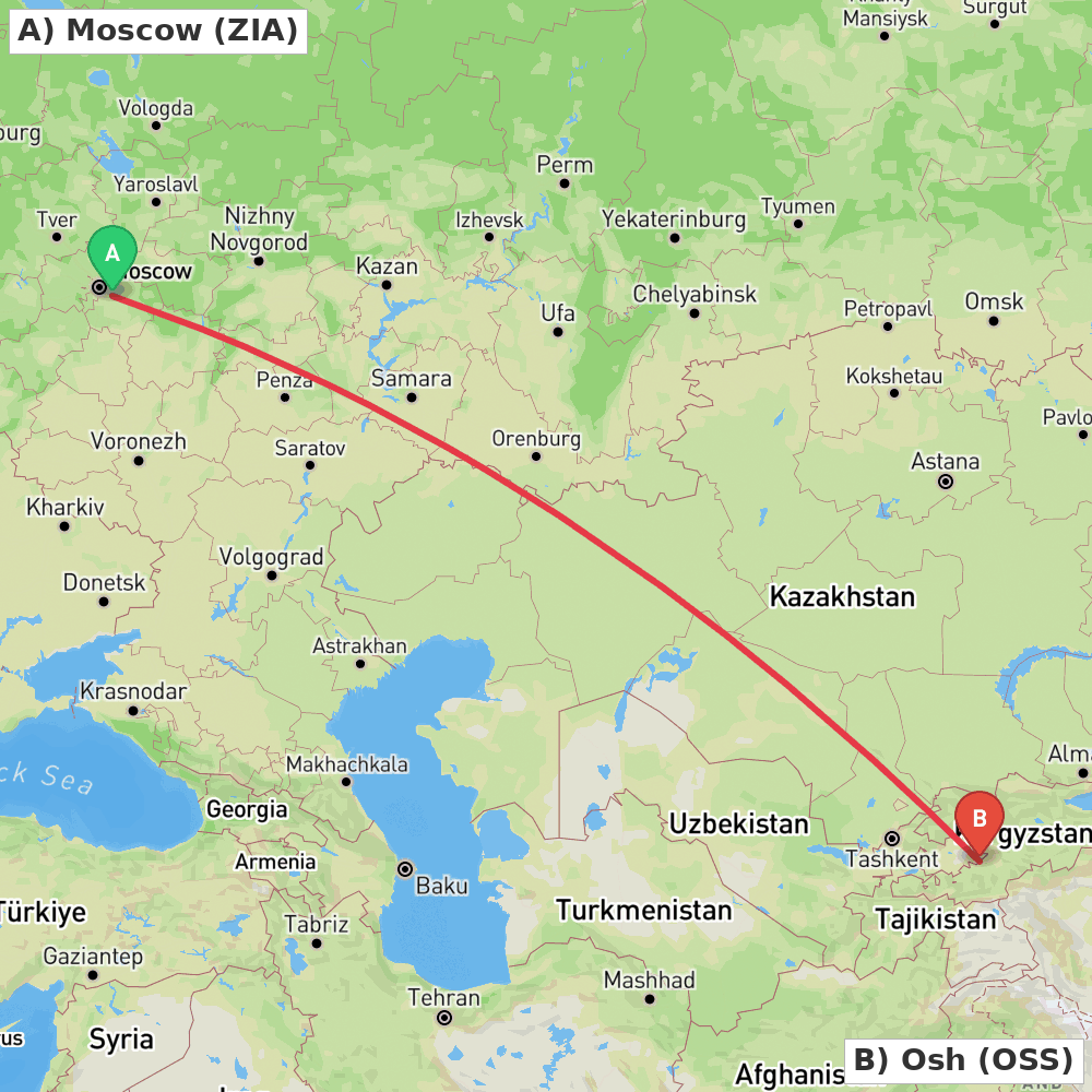 Flight route map from Moscow to Osh