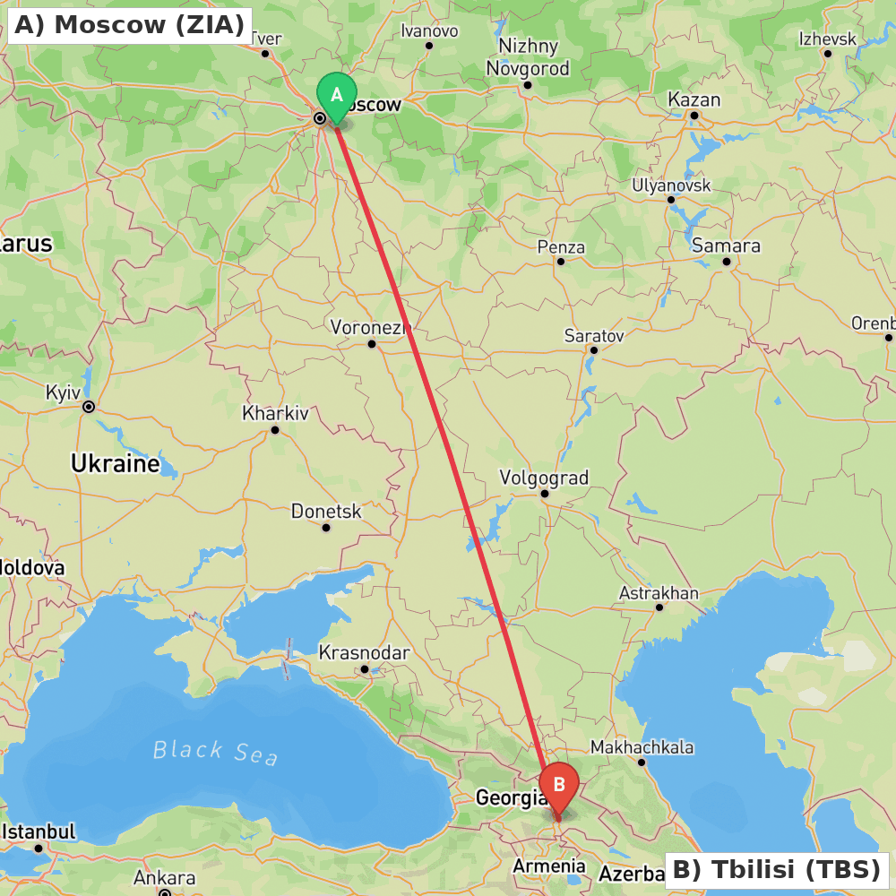 Flight route map from Moscow to Tbilisi