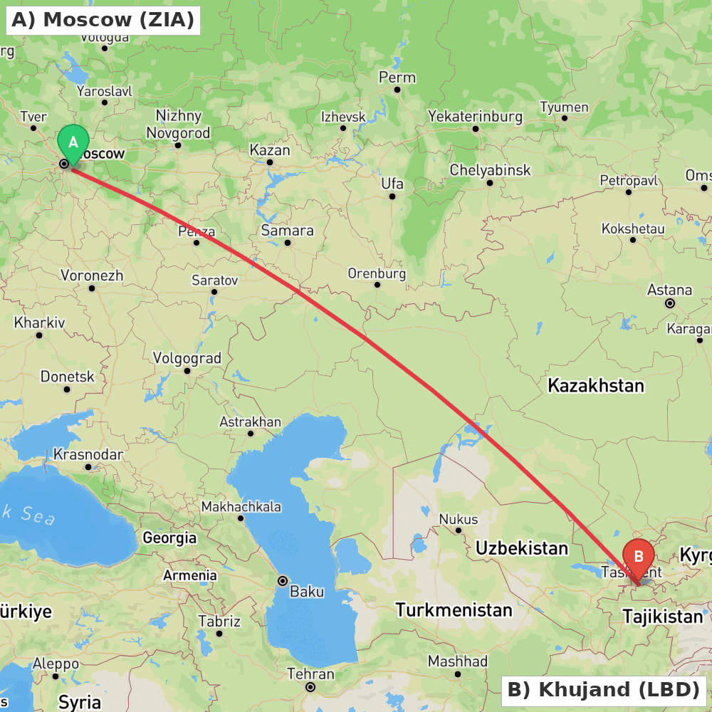 Flight route map from Moscow to Khujand