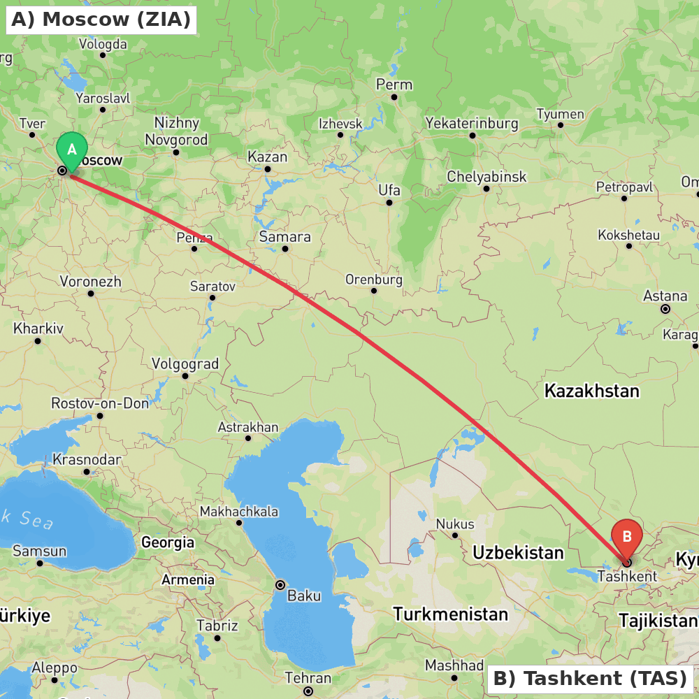 Flight route map from Moscow to Tashkent
