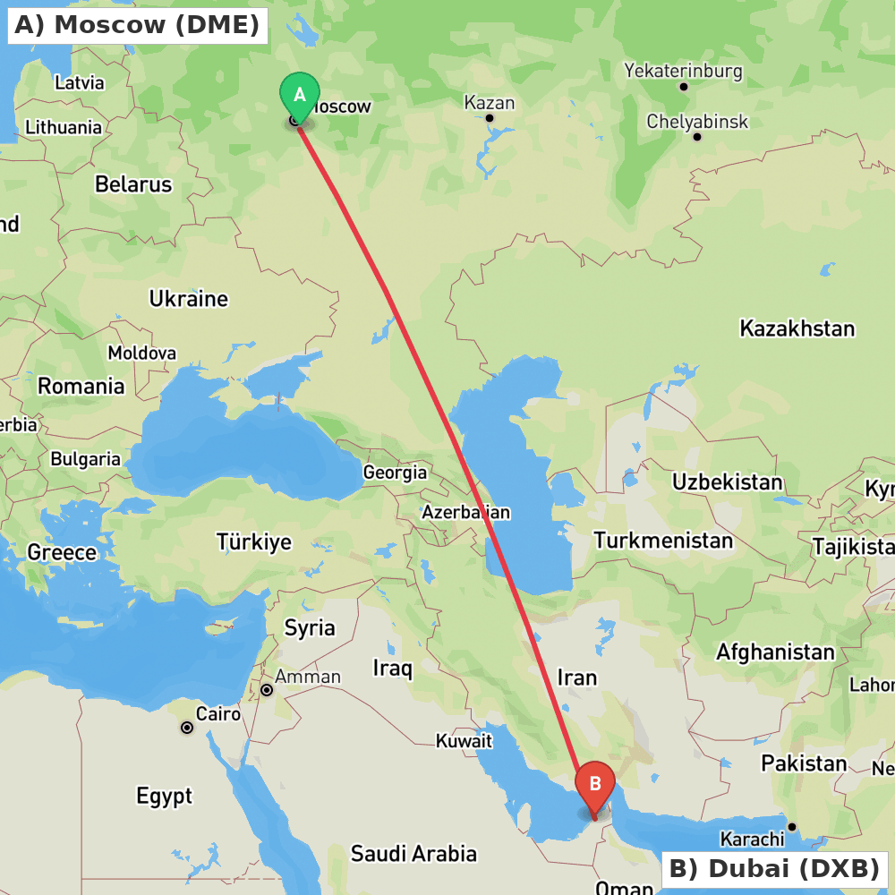 Flight route map from Moscow to Dubai