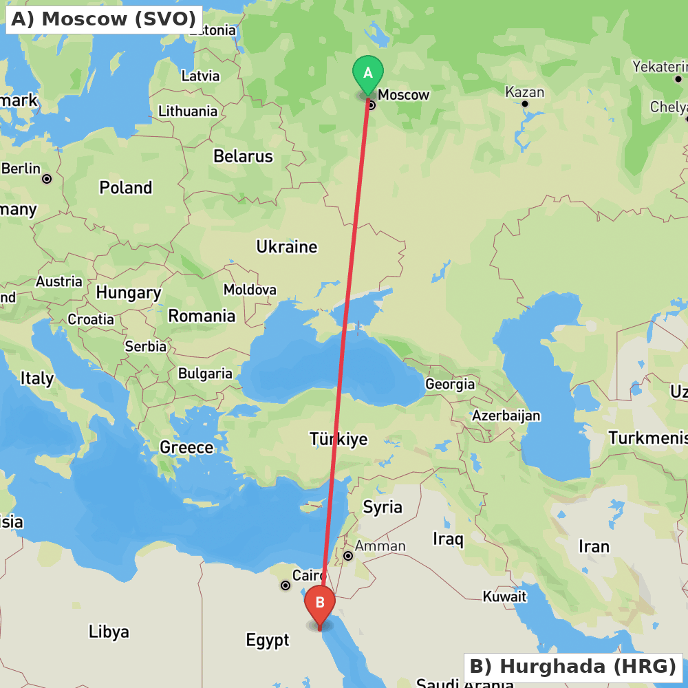 Flight route map from Moscow to Hurghada