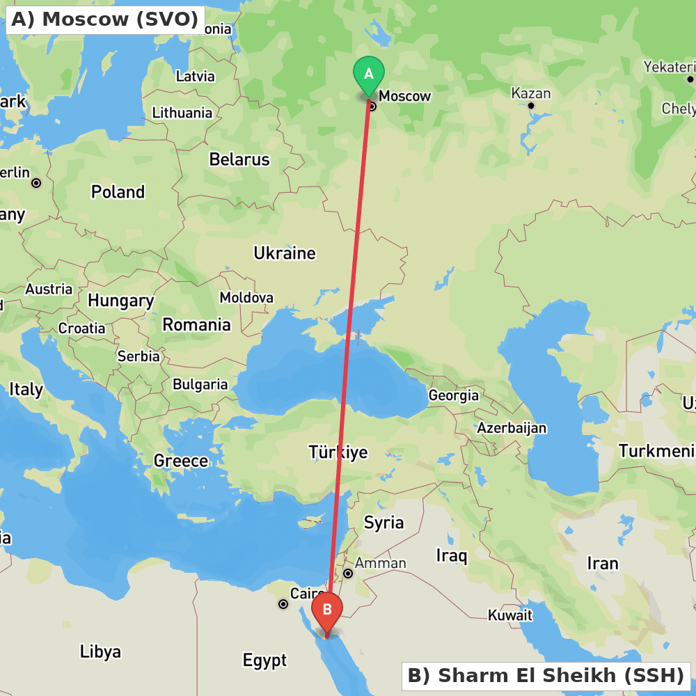 Flight route map from Moscow to Sharm El Sheikh
