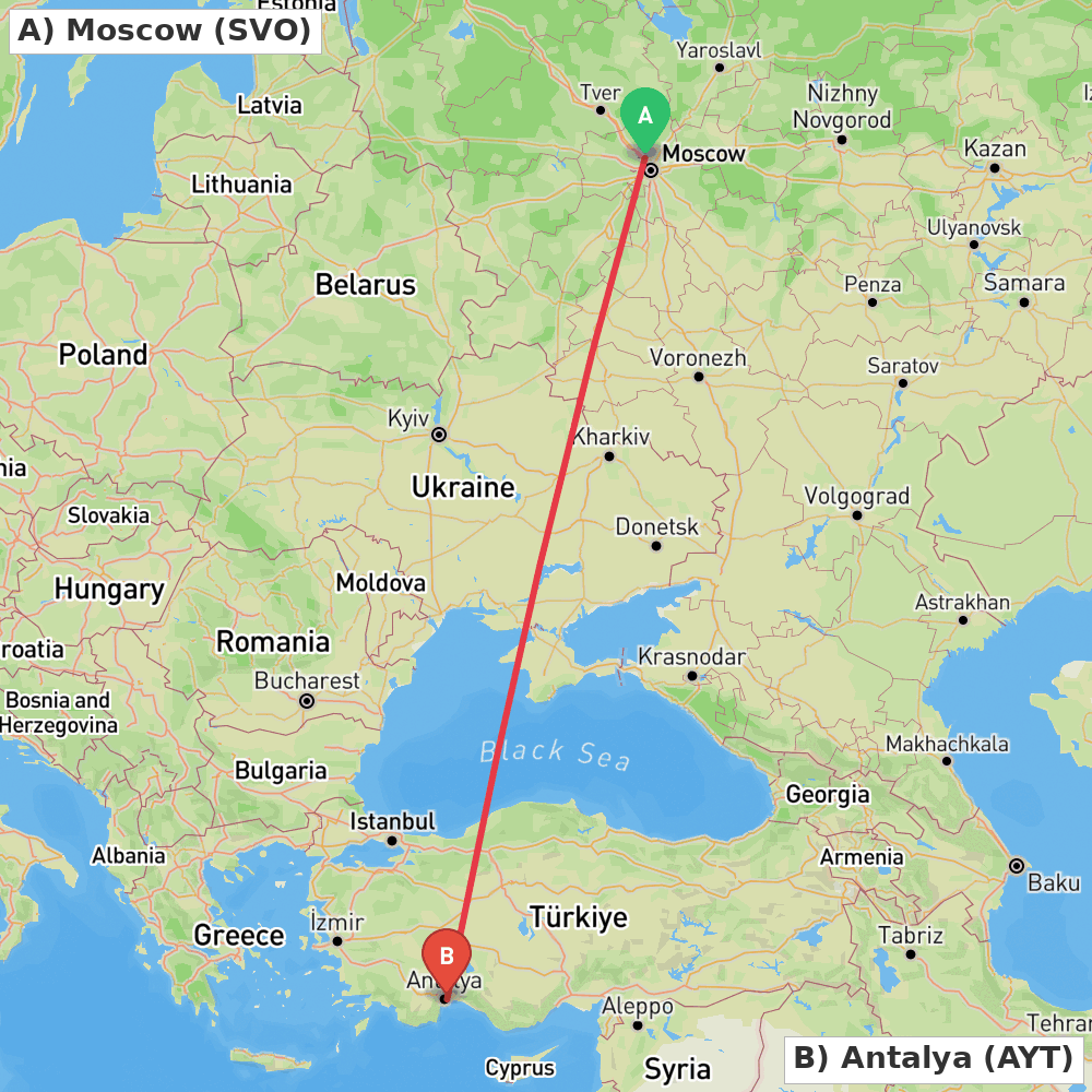 Flight route map from Moscow to Antalya