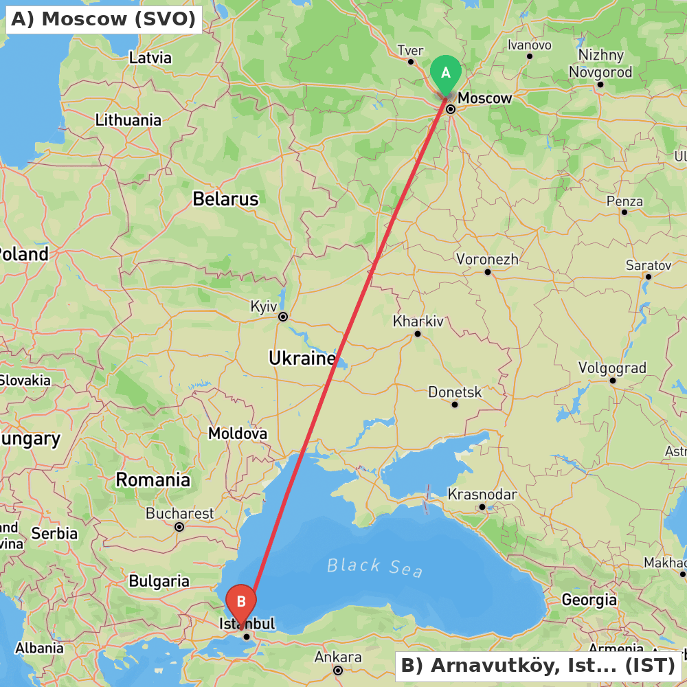 Flight route map from Moscow to Arnavutköy, Istanbul