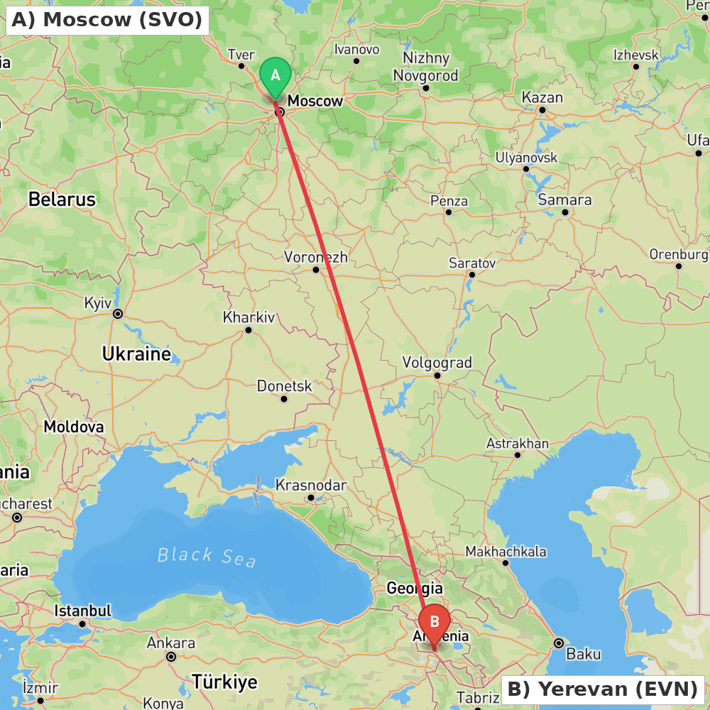 Flight route map from Moscow to Yerevan
