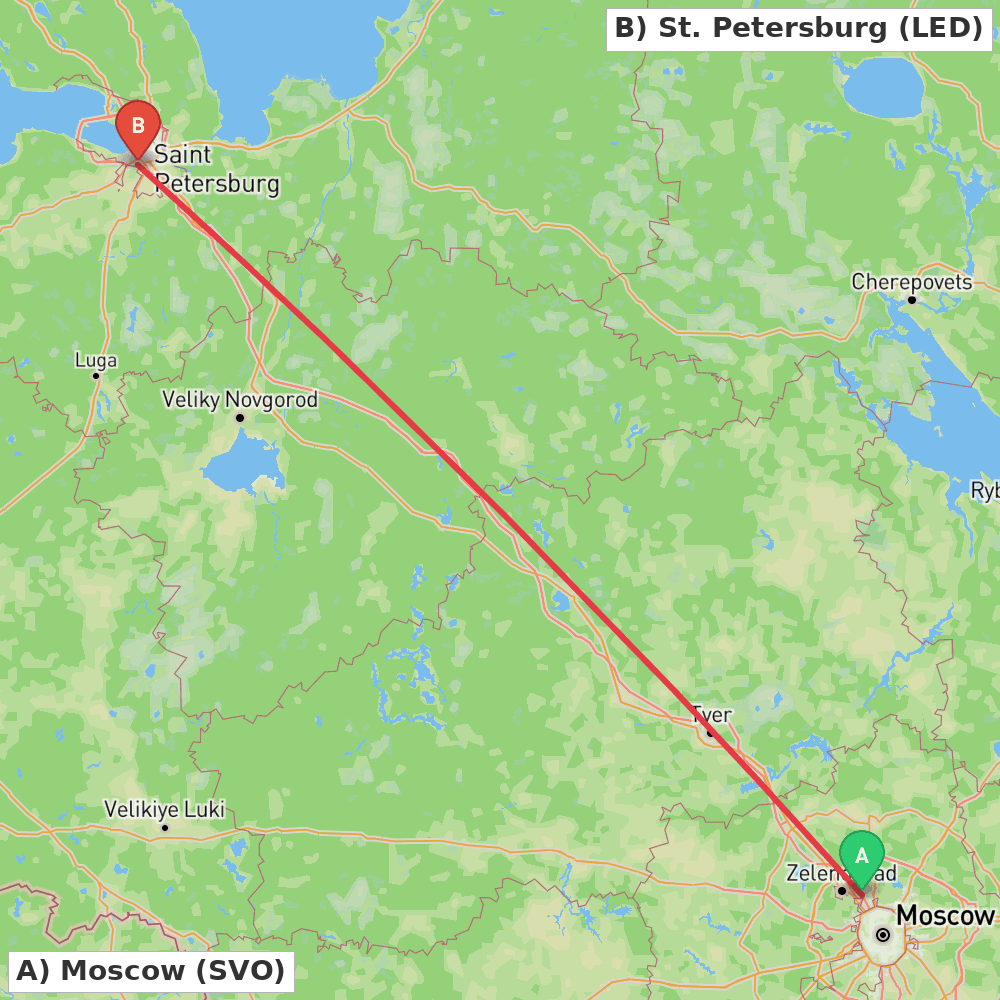 Flight route map from Moscow to St. Petersburg
