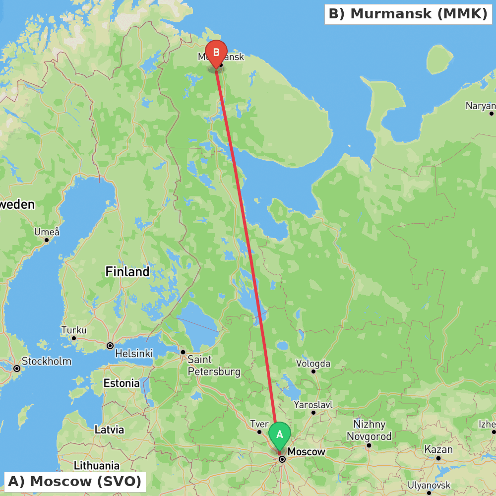 Flight route map from Moscow to Murmansk