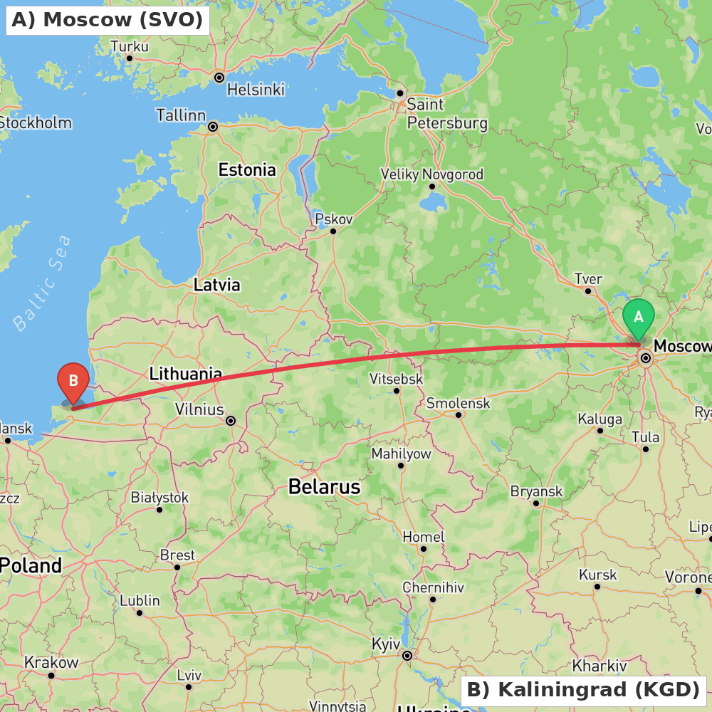 Flight route map from Moscow to Kaliningrad