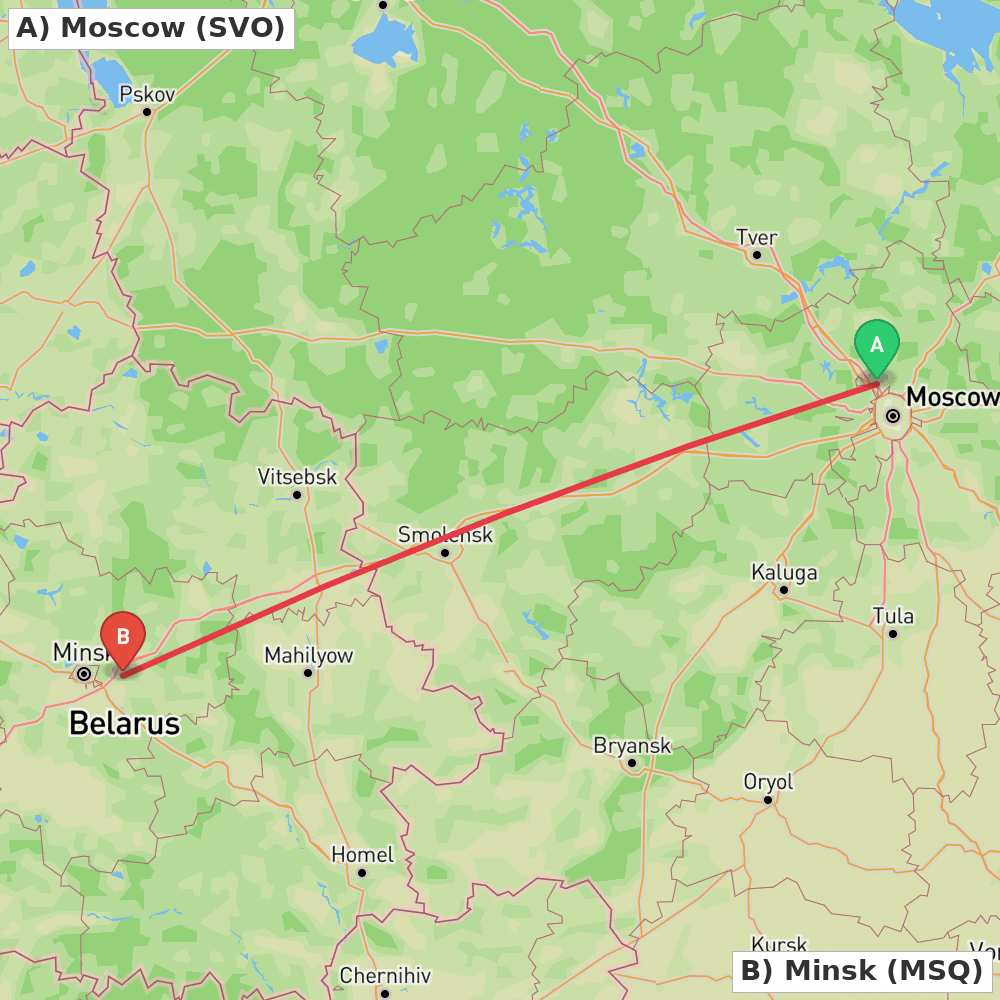 Flight route map from Moscow to Minsk