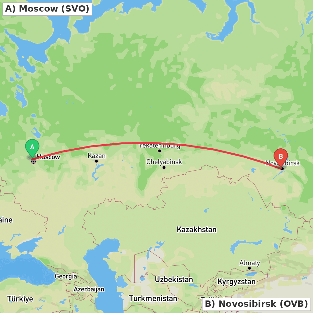 Flight route map from Moscow to Novosibirsk