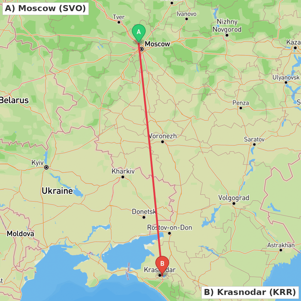Flight route map from Moscow to Krasnodar