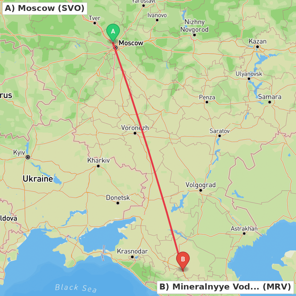Flight route map from Moscow to Mineralnyye Vody