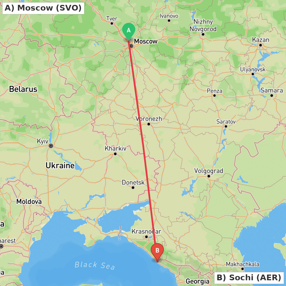 Flight route map from Moscow to Sochi