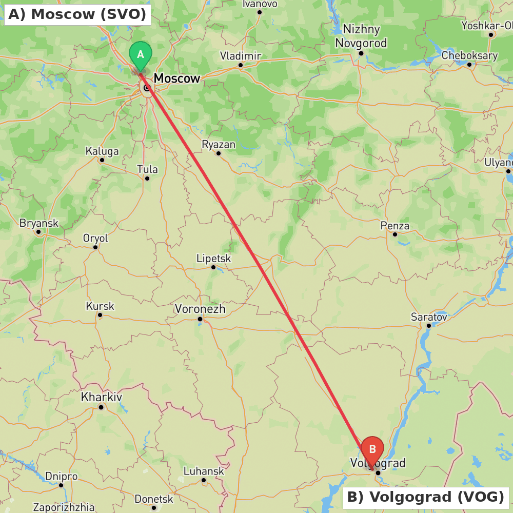 Flight route map from Moscow to Volgograd