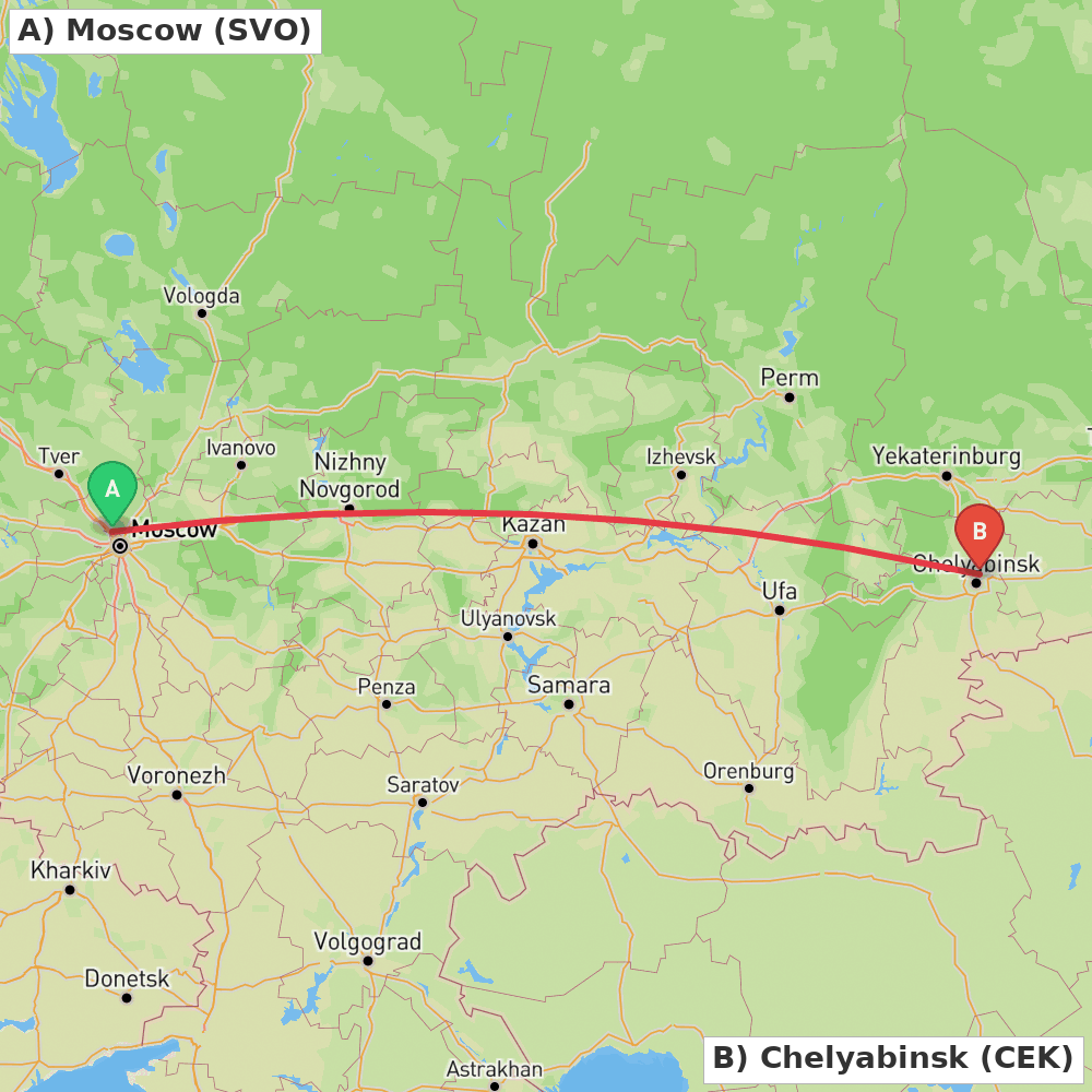 Flight route map from Moscow to Chelyabinsk