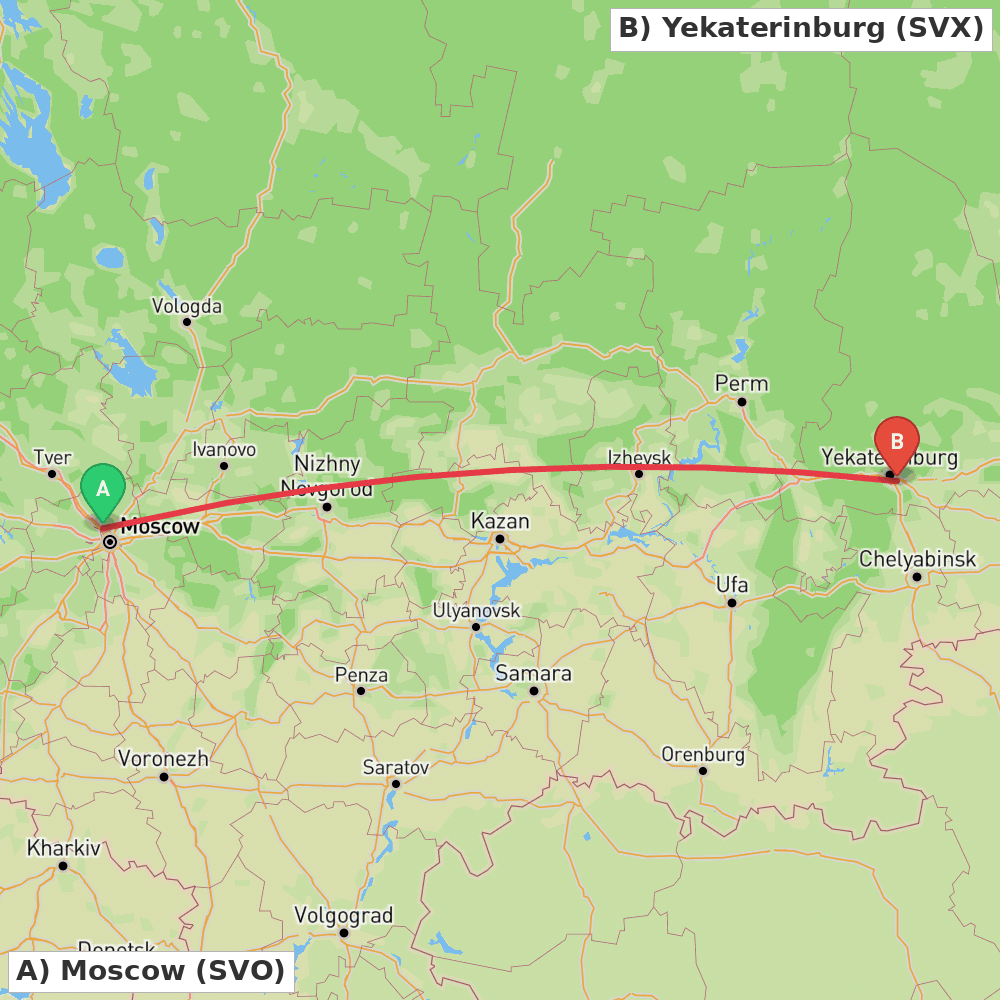 Flight route map from Moscow to Yekaterinburg