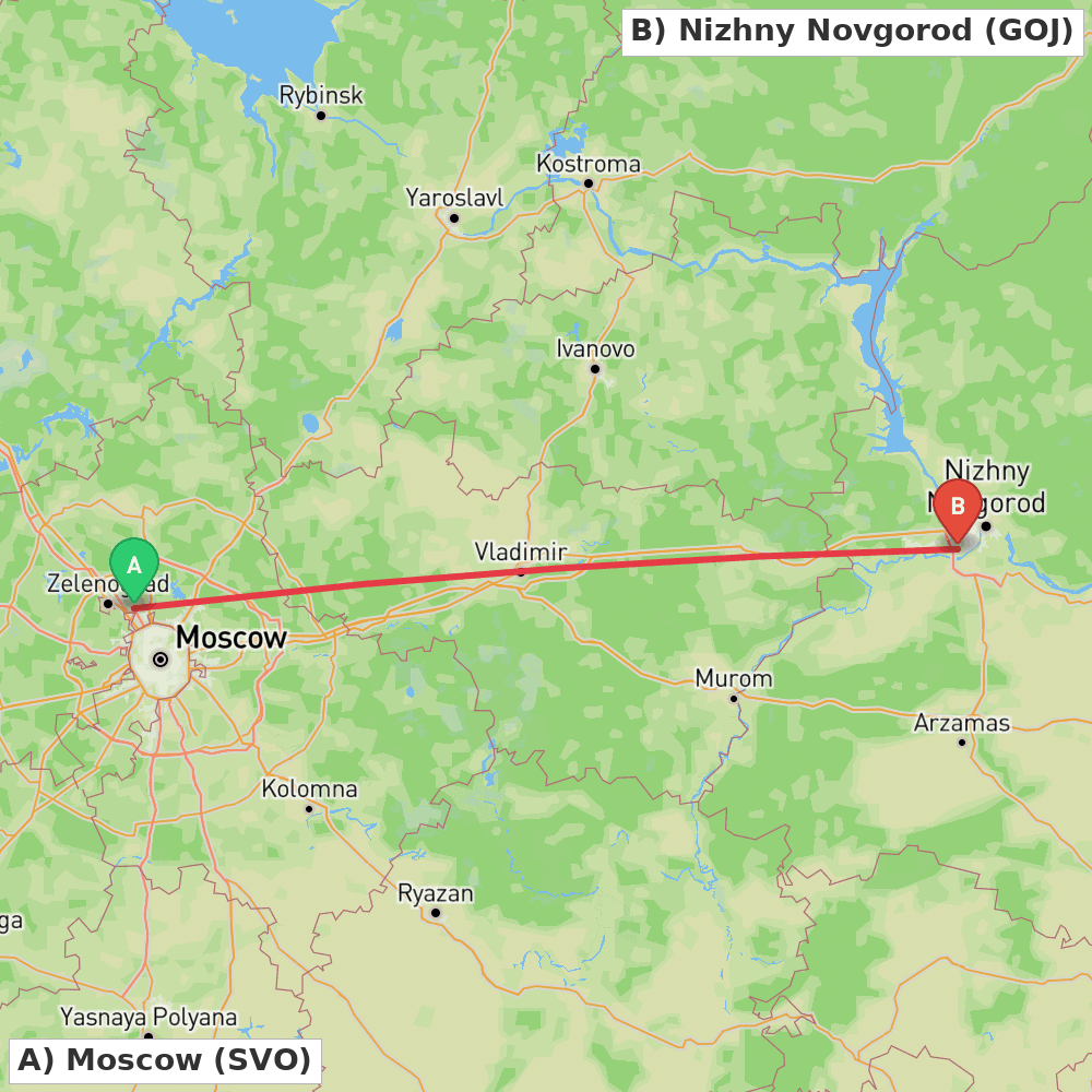 Flight route map from Moscow to Nizhny Novgorod
