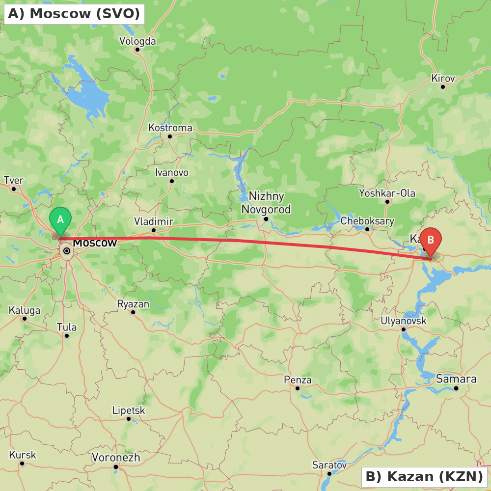 Flight route map from Moscow to Kazan