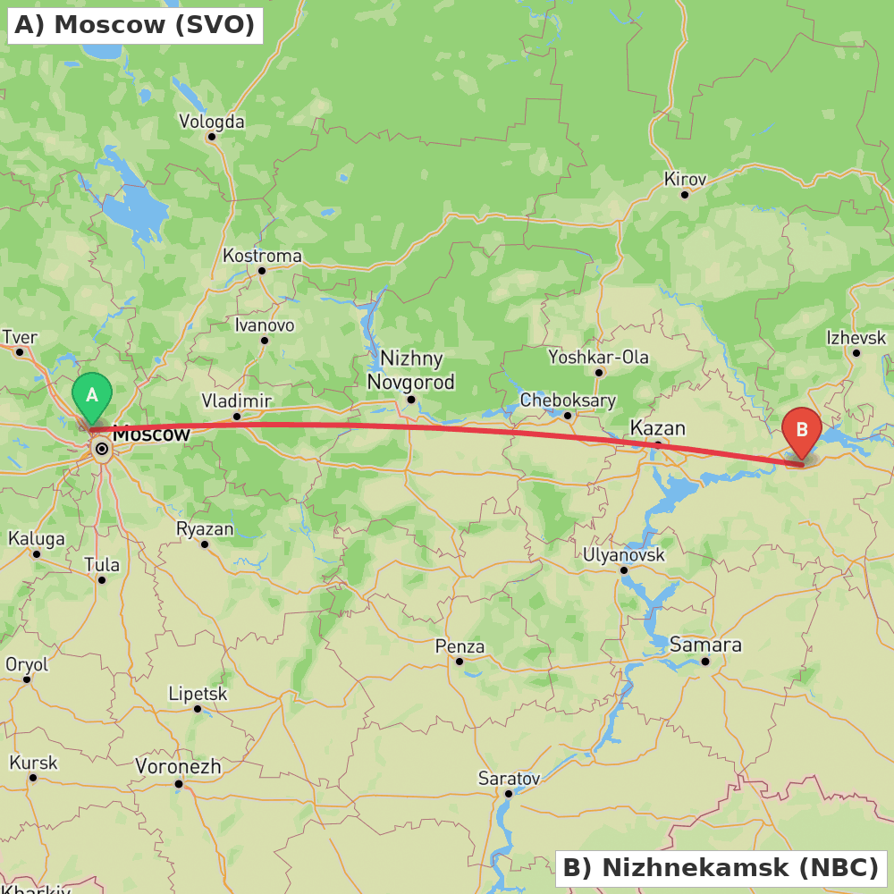 Flight route map from Moscow to Nizhnekamsk
