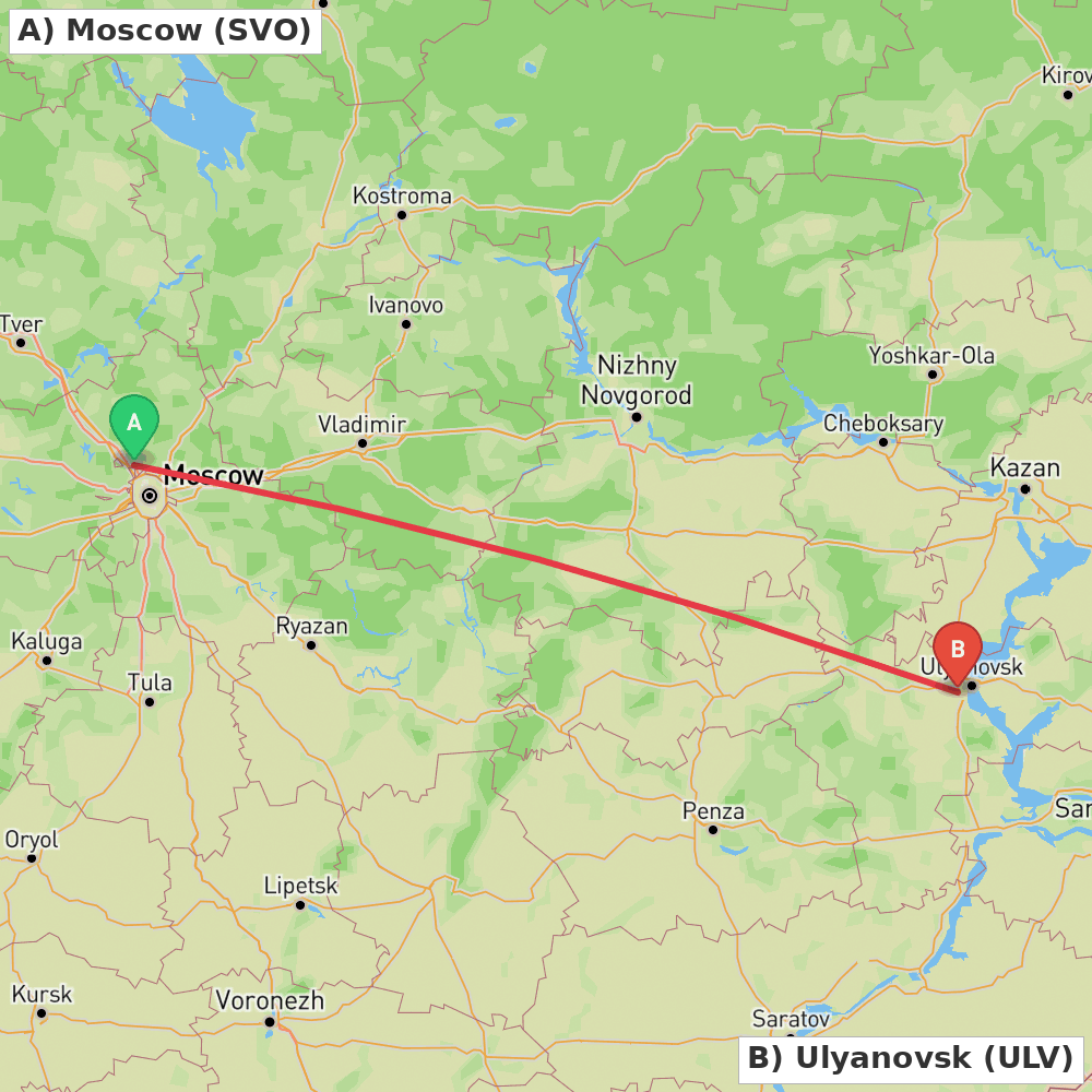 Flight route map from Moscow to Ulyanovsk