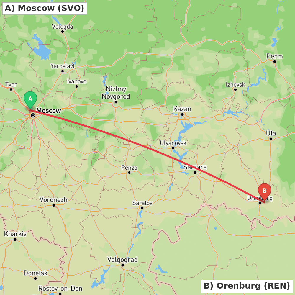 Flight route map from Moscow to Orenburg