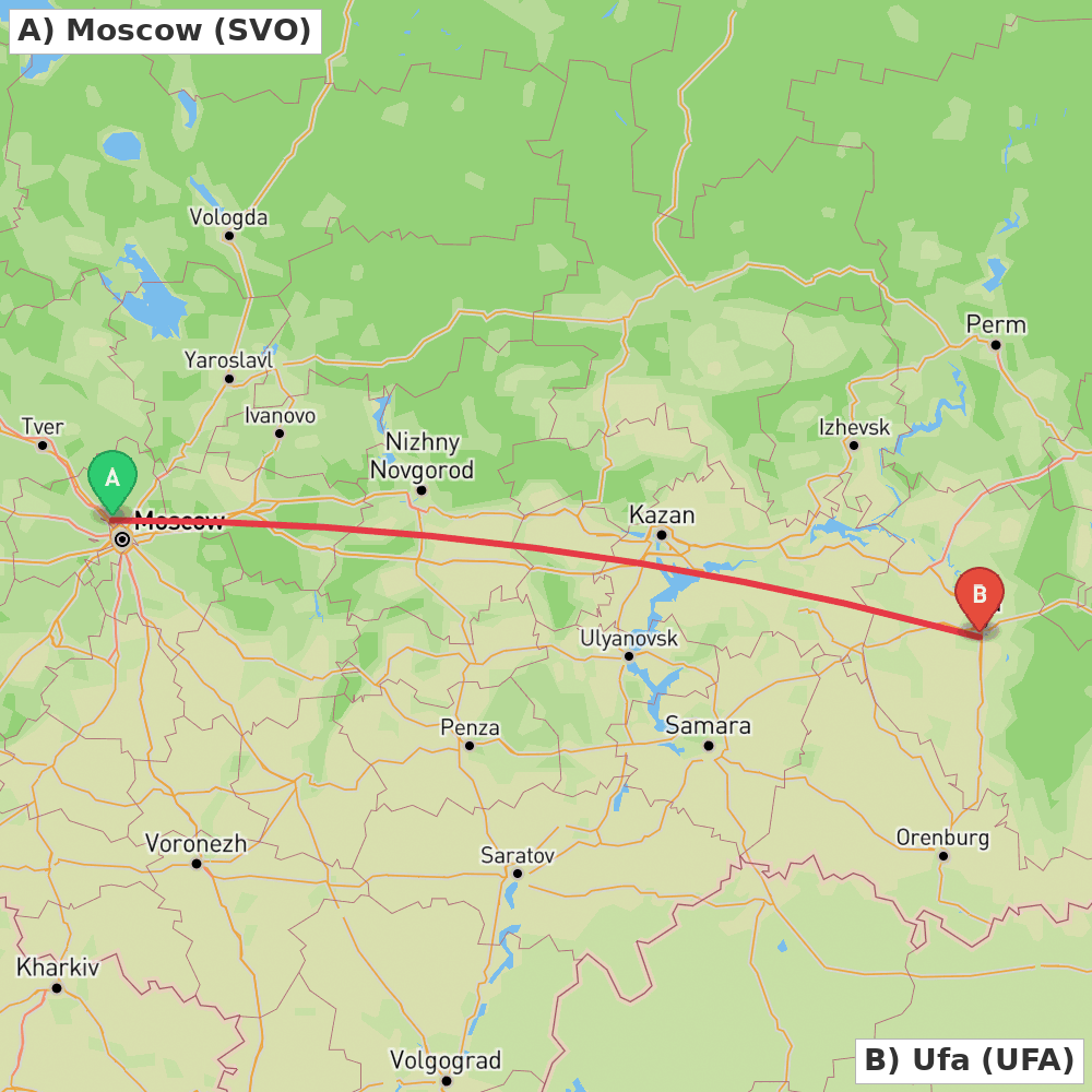 Flight route map from Moscow to Ufa