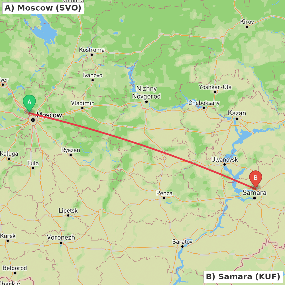 Flight route map from Moscow to Samara