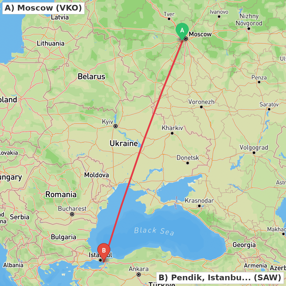 Flight route map from Moscow to Pendik, Istanbul