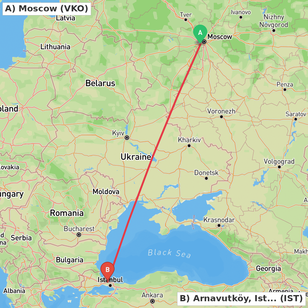 Flight route map from Moscow to Arnavutköy, Istanbul