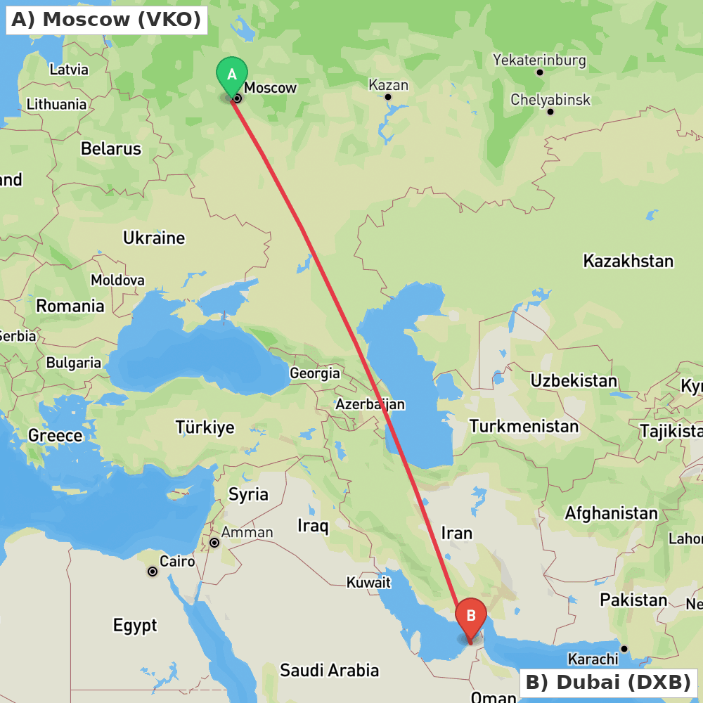 Flight route map from Moscow to Dubai