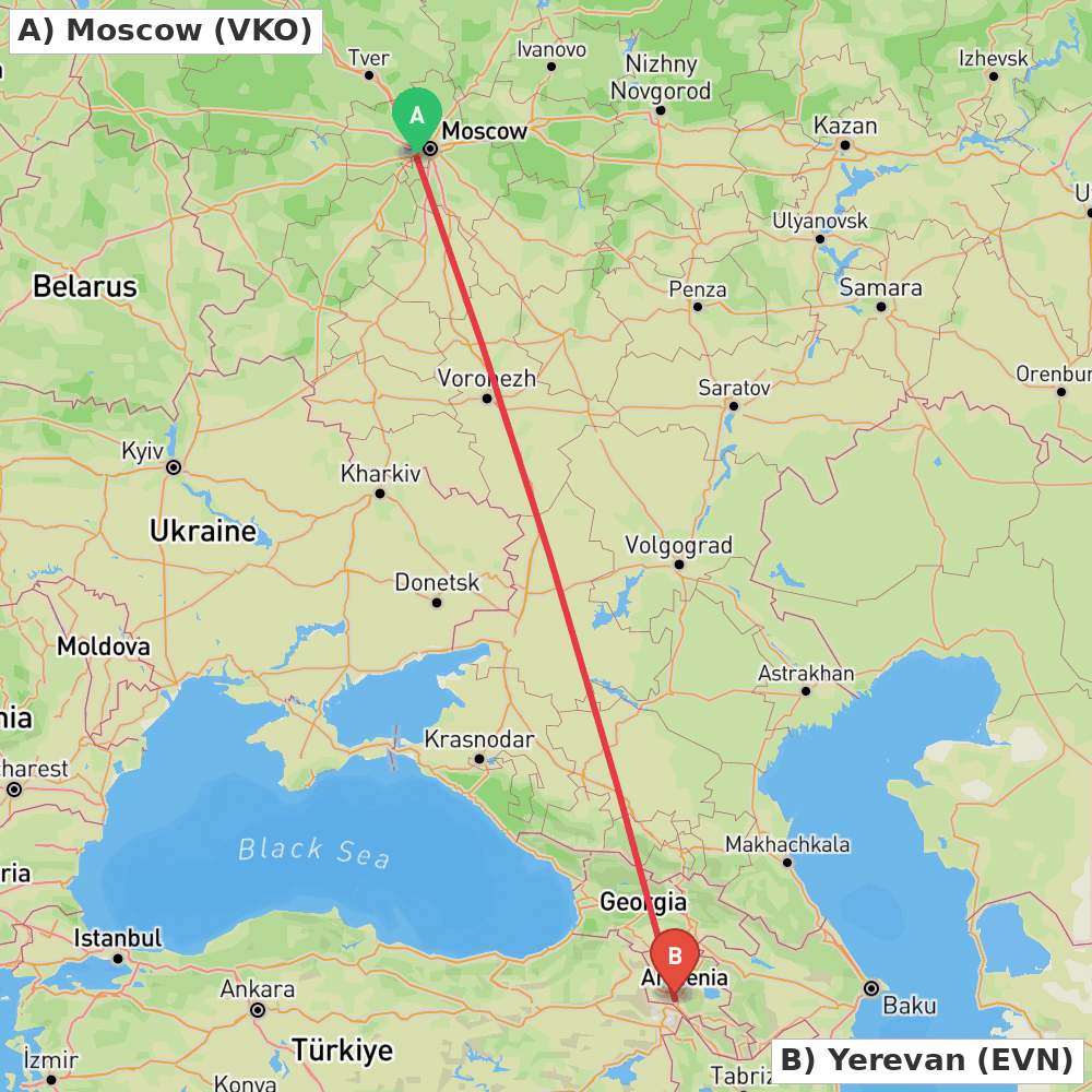 Flight route map from Moscow to Yerevan