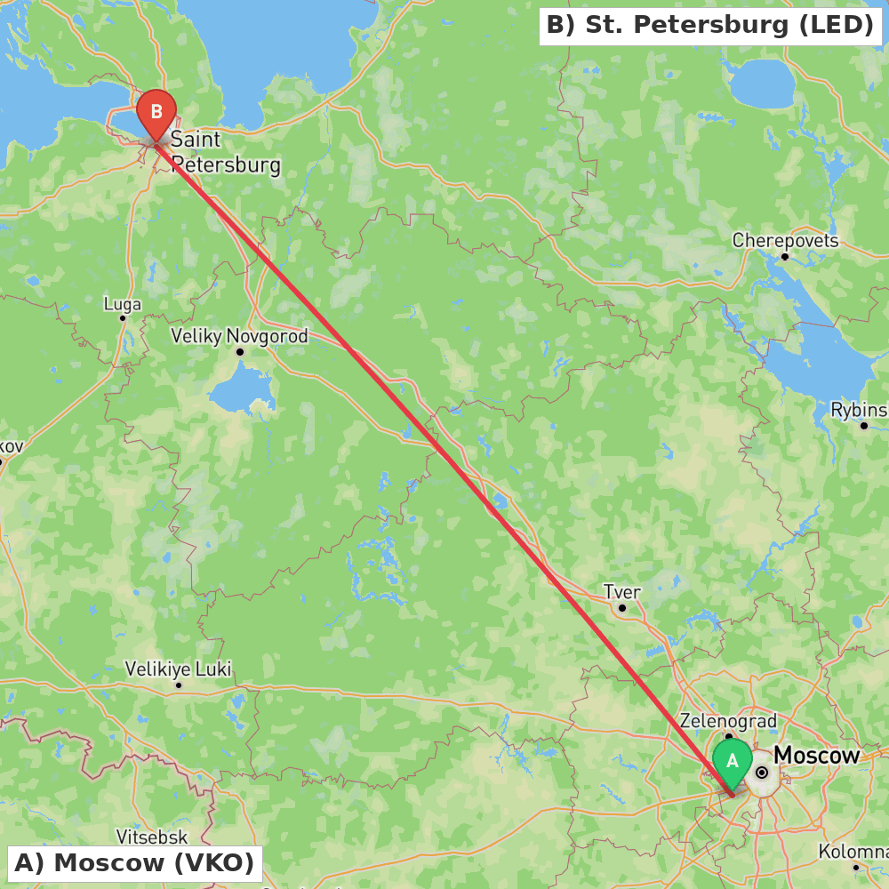 Flight route map from Moscow to St. Petersburg