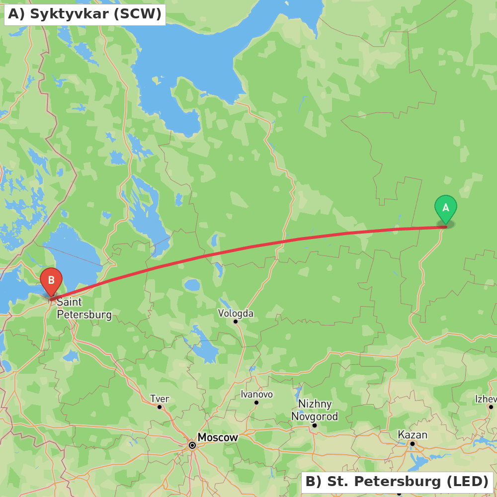 Flight route map from Syktyvkar to St. Petersburg