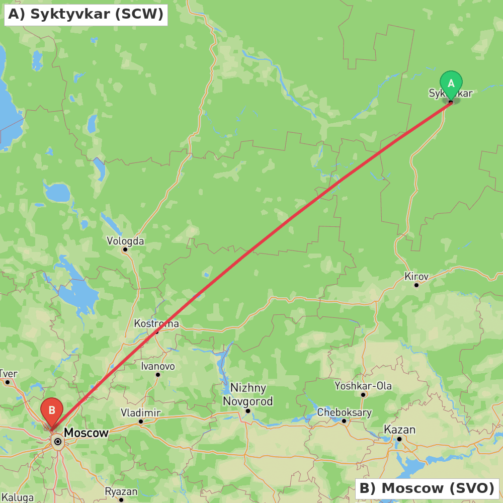 Flight route map from Syktyvkar to Moscow