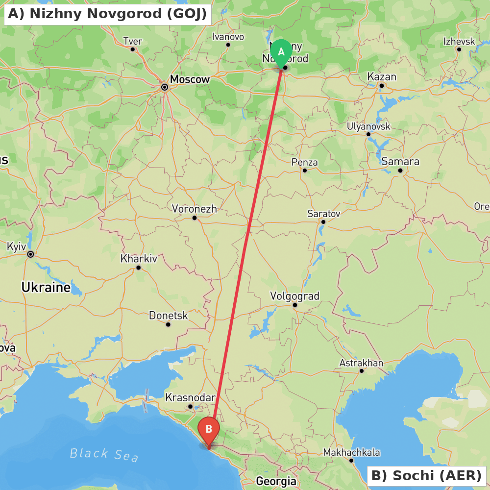 Flight route map from Nizhny Novgorod to Sochi