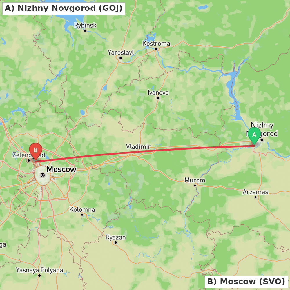 Flight route map from Nizhny Novgorod to Moscow