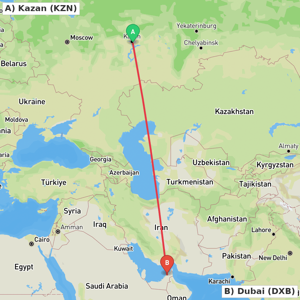 Flight route map from Kazan to Dubai